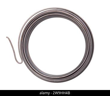 Eisendrackrolle von oben. Gewalzter Eisendraht aus reinem, geglühtem Eisen mit einem Durchmesser von 2 mm. Flexibel, stabil, universell und vielseitig. Stockfoto