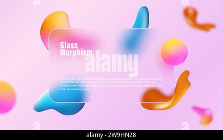 Hintergrund des Glasmorphismus-Stils. Transparentes Banner, Milchglas und farbige, flüssige abstrakte Formen. Stock Vektor