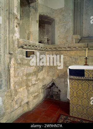 Ehemaliger Ort des Schreins des beliebten saint Master John Schorne am E-Ende des S-Schiffs der North Marston Church, Buckinghamshire, England, Großbritannien. Stockfoto