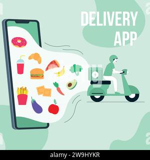 Farbiges App-Konzept mit Smartphone- und Lebensmittelsymbolen Vector Stock Vektor