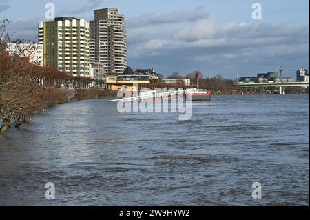 Hochwasser Barriere für Fussgänger und Verkehr mit der Aufschrift Achtung Hochwasser wegen Rhein Hochwasser. Blick auf den Süden von Köln mit Zoobrücke und Bastei *** Hochwasserbarriere für Fußgänger und Verkehr mit der Inschrift Achtung Hochwasser wegen Rhein Hochwasser Blick auf den Kölner Süden mit Zoobrücke und Bastei Stockfoto