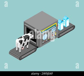 Automatische Milchproduktion. Kuh- und Milchproduktionskomplex technologischer Anlagen. Isometrie des technischen Fahrzeugs. Ausrüstung für die Lebensmittelproduktion. Stock Vektor