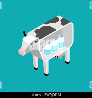Milch in der Kuh. Kuh und Milchprodukte. Erzeugung von Lebensmitteln aus Kühen. Stock Vektor