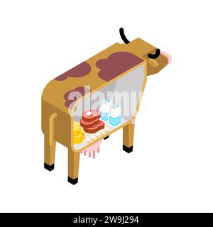 In der Kuh gibt es Milchprodukte. Kuh, Käse und Milch. Fleisch und Hüttenkäse. Erzeugung von Lebensmitteln aus Kühen. Stock Vektor