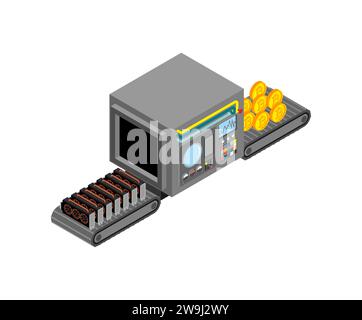 Automatische Produktion von Bitcoins. Videokrata- und Kryptowährungs-Produktionskomplex technologischer Ausrüstung. Isometrie des technischen Fahrzeugs. Geräte Stock Vektor