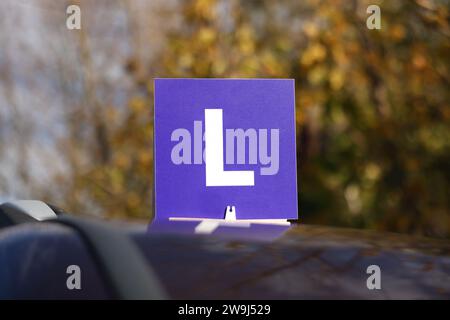 L-Schild auf dem Autodach im Freien. Fahrschule Stockfoto