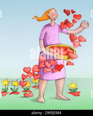Eine Frau sät viele Herzen, aus denen Setzlinge mit Blumen aus Sternen geboren werden Stockfoto