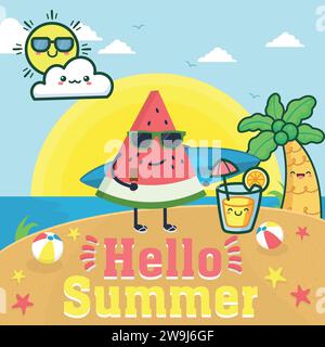 Hallo Sommer-Schriftzug mit Wassermelonencharakter am Strand. Vektorabbildung Stock Vektor