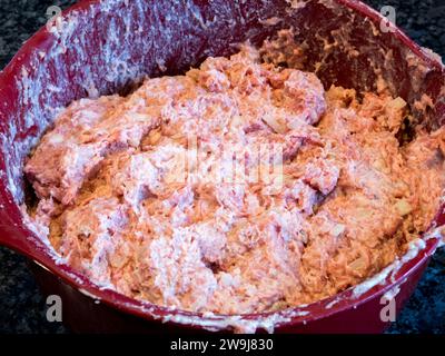 Eine lebendige Auswahl an Fleischbällchen – Hackfleisch, Zwiebeln, Brotkrumen, Milch, Ei, und eine Reihe von Gewürzen – ruht in einer scharlachroten Schüssel und wartet auf das A Stockfoto