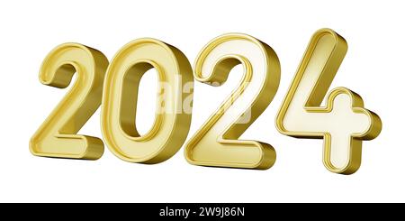 Happy New Year, 2024 3D-Text-Rendering mit Goldeffekt, Metallic, isoliert auf transparentem Hintergrund. 3D-Abbildung Stockfoto