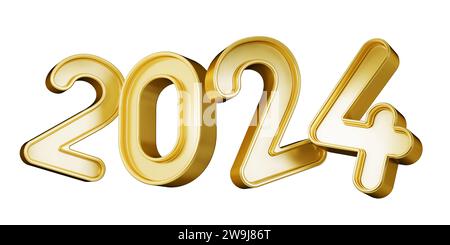 Happy New Year, 2024 3D-Text-Rendering mit Goldeffekt, Metallic, isoliert auf transparentem Hintergrund. 3D-Abbildung Stockfoto