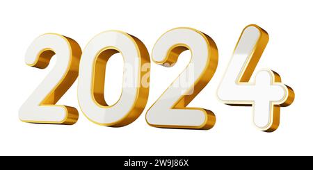 Happy New Year, 2024 3D-Text-Rendering mit Goldeffekt, Metallic, isoliert auf transparentem Hintergrund. 3D-Abbildung Stockfoto