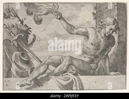 Mars, der auf einer Wand sitzt und eine Flamme in der rechten Hand hält, mit einer Rüstung unter 2012 von Odoardo Fialetti Stockfoto