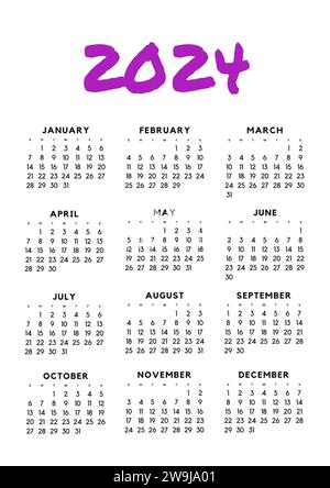 Kalender 2024 mit 12 Monaten in violetter Farbe Stockfoto