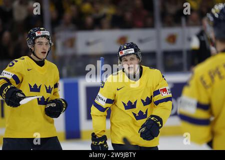 Stockholm 20231228GOTHENBURG, SCHWEDEN 20231228 der schwedische David Edstrom und der schwedische Mattias Hävelid während der IIHF Juniorenweltmeisterschaft Gruppe A IC Stockfoto