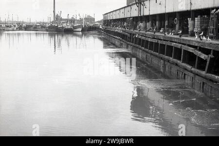 1972, historisch, Docks, Fleetwood, Lancs, England, Großbritannien. Die Küstenstadt Fleetwood im County of Wyre war einst einer der größten Fischereihäfen Großbritanniens mit einer großen Flotte, aber der Niedergang der Briitsh-Fischereiindustrie, der in den frühen 1980er Jahren bedeutete, hatten die Tiefseetrawler verlassen. Stockfoto