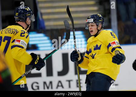 Stockholm 20231228GOTHENBURG, SCHWEDEN 20231228 der schwedische Mattias Hävelid erzielt 0-2 Punkte und feiert mit dem schwedischen Oskar Pettersson während der IIHF World Stockfoto