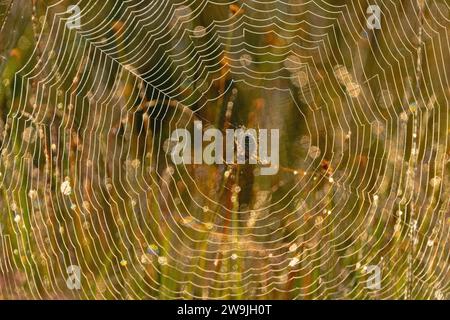 Spinnennetz, in der Mitte eine ruhende Wespenspinne (Argiope bruennichi), Herbst, Oberbayern, Bayern, Deutschland Stockfoto