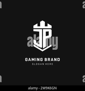 JP-Monogramm-Logo-Initiale mit Krone und Schildschutz-Form-Vektorgrafik Stock Vektor