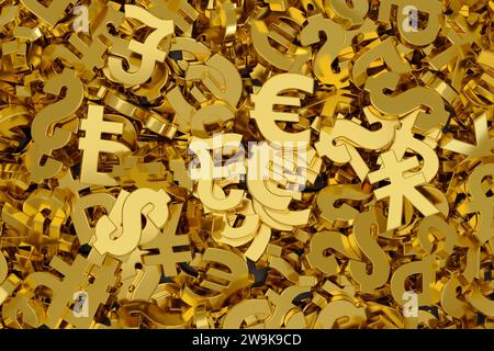 Hintergrund mit vielen Symbolen für Weltwährungen in drei Dimensionen. 3D-Abbildung. Stockfoto