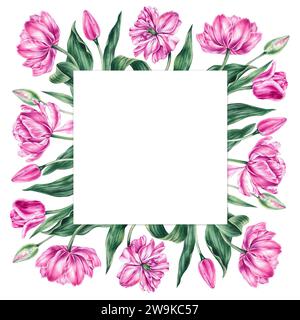 Aquarellpinke Tulpenrahmen auf weißem Hintergrund. Handgezeichnete Tulpen. Rahmen aus rosafarbenen Tulpen zur Dekoration von Karten, Blumensträußen, Textilien, Stoffen usw. Stockfoto