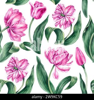 Aquarellpinke Tulpenmuster mit weißem Hintergrund. Handgezeichnete Tulpen. Nahtloses Muster aus rosa Tulpen für die Gestaltung von Karten, Blumensträußen, Textilien, f Stockfoto