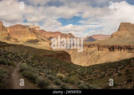 Die Frau hält an, um die Aussicht vom Tonto Trail im Grand Canyon zu genießen Stockfoto