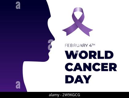 Design-Konzept des World Cancer Awareness Day-Banners. Lila Schleife mit Inschrift und Frauenprofil für die STOP Cancer Kampagne am 4. Februar. Onkologische Prävention, Erkennung und Behandlung. Vektor-EPS drucken Stock Vektor