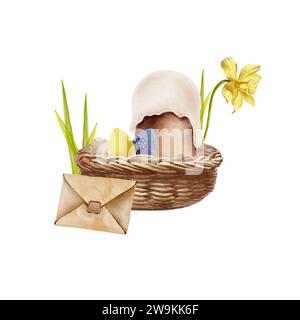 Ostern in Aquarellen. Korb, Osterkuchen, Eier, Narzissen, Blätter und ein Umschlag mit Wachsversiegelung. Für Drucke, Postkarten, Grußkarten, Textilien. Stockfoto