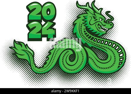 Symbol von 2024 - grüner Holzdrache. Vektorvorlage für Grußkarte, Poster, Einladung Stock Vektor