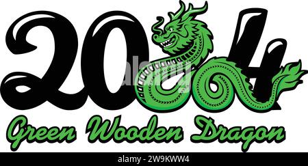 Symbol von 2024 - grüner Holzdrache. Vektorvorlage für Grußkarte, Poster, Einladung Stock Vektor