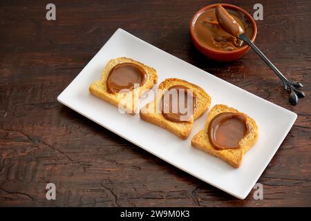 Toast mit Dulce de leche auf einem Tablett, typisch für ein argentinisches Frühstück. Stockfoto