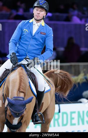 Christian Ahlmann von Deutschland mit Mandato van de Neerheide während der Agora CSI5*-W - 1,40 m bei den springenden Mechelen am 28. Dezember 2023, Nekkerhal, Belgien (Foto: Maxime David - MXIMD Pictures) Stockfoto