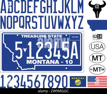 Montana Autokennzeichen blau, Buchstaben, Zahlen und Symbole, Vektorillustration, Montana State, USA Stock Vektor