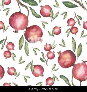 Nahtloses Muster mit Granatapfel und Blättern auf weißem Hintergrund. Aquarellillustration für Dekoration und Design von Stoffen, Textilien, Souvenirs Stockfoto