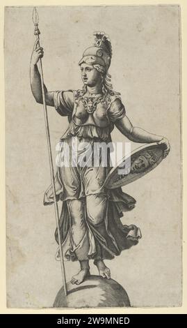 Pallas Athena steht auf einem Globus, ein Speer in der linken Hand, ein Schild in der rechten Hand 1949 von Raffaello Sanzio oder Santi Stockfoto