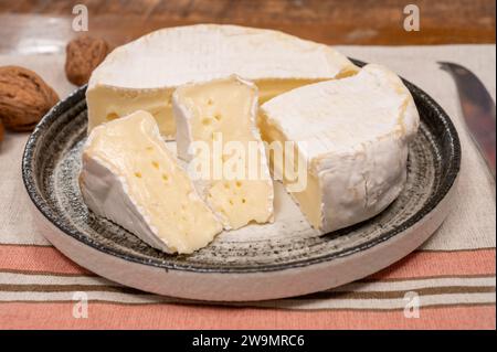 Französischer Camembert-Weichkäse, Original Camembert de Normandie mit weißer Schimmelform Stockfoto