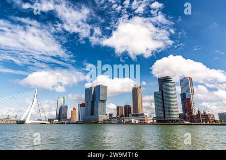 Skyline des Bezirks Kop van Zuid am Fluss Nieuwe Maas in Rotterdam, Niederlande, an einem sonnigen Sommertag durch die Erasmus-Brücke. Stockfoto