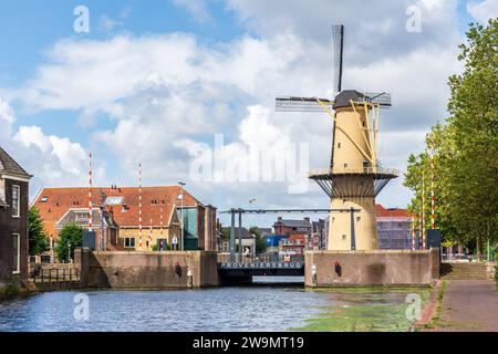 Die Kameel Windmühle ist Teil der Schiedam Windmühlen in der Nähe von Rotterdam, Niederlande, die höchsten klassischen Windmühlen der Welt. Stockfoto