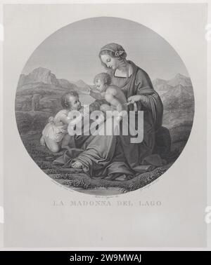 Jungfrau und Kind mit dem Säugling Johannes dem Täufer, vor einer Landschaft, in einem Tondo (La Madonna del Lago) 1928 von Marco d'Oggiono Stockfoto