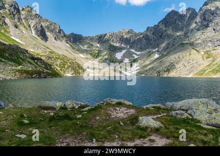 Velke Hincovo pleso See mit Gipfeln über der Hohen Tatra in Slovaki Stockfoto