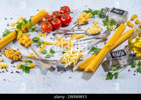 Verschiedene getrocknete Spaghetti, Nudeln, Pasta in Löffeln auf weißem Tischhintergrund. Verschiedene Formen Arten rohe italienische Pasta mit Kräutern, Olivenöl, tom Stockfoto