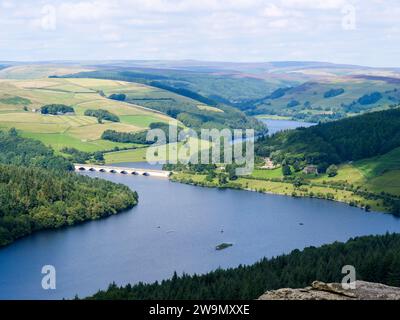 Wunderschöner Blick auf das Ladybower Reservoir oder den See mit Sieben-Bogenbrücke-Viadukt zwischen den lebhaften Hügeln im Peak District National Park, England. Stockfoto