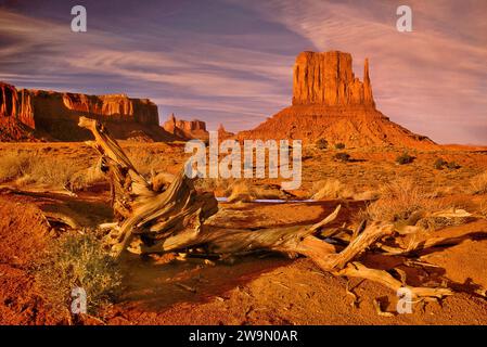 West Mitten, Schneeflocken bei Sonnenuntergang im Winter, im Monument Valley, Arizona, USA Stockfoto