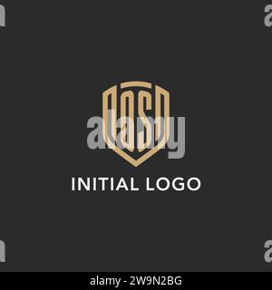 Luxus OS Logo Monogramm Schildform Monoline Stil mit Goldfarbe und dunkler Hintergrund Vektorgrafik Stock Vektor