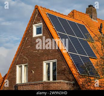 Solarpaneele auf dem Dach, niederländisches Haus mit orangefarbenen Fliesen und Photovoltaik-Panels Stockfoto