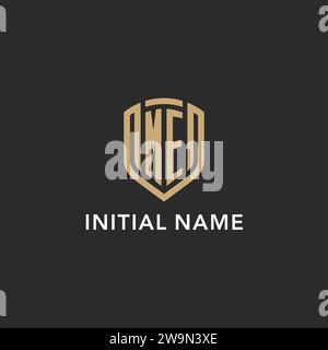 Luxury ME Logo Monogramm Schildform Monoline Stil mit Goldfarbe und dunkler Hintergrund Vektor Grafik Stock Vektor