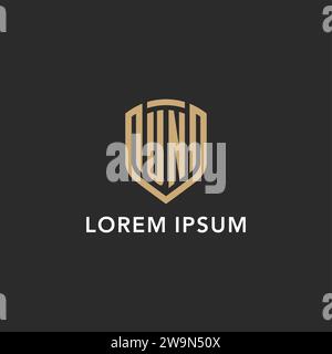 Luxus UN Logo Monogramm Schildform Monoline Stil mit Goldfarbe und dunkler Hintergrund Vektor Grafik Stock Vektor