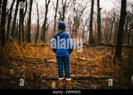 Tween Boy steht in Regenwald in Herbstfarben Stockfoto