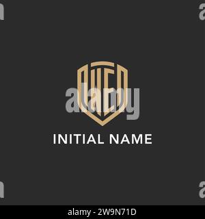 Luxus WIR Logo Monogramm Schildform Monoline Stil mit Goldfarbe und dunkler Hintergrund Vektor Grafik Stock Vektor